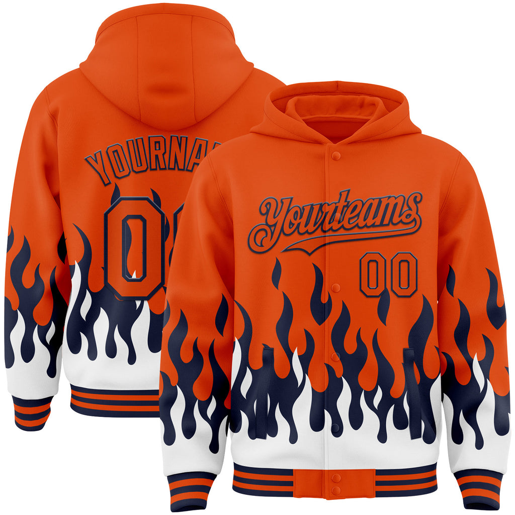 Custom Orange Navy-White Fire Flame Bomber Full-Snap Varsity Letterman Hoodie Jacket