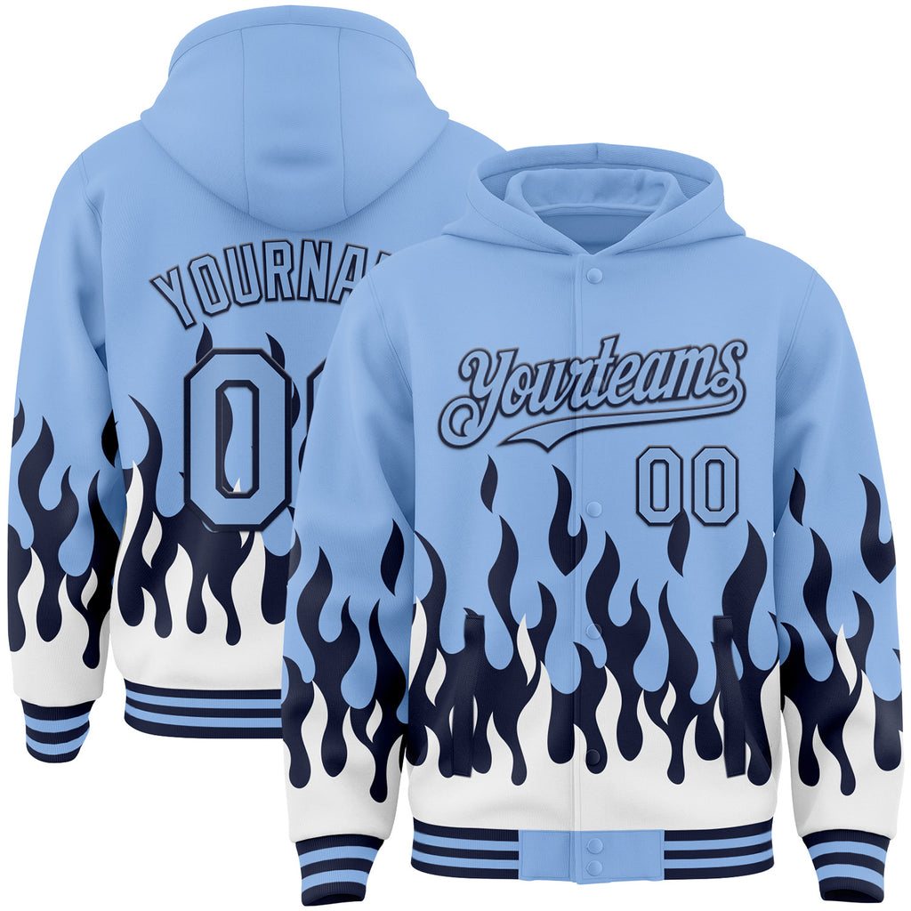 Custom Light Blue Navy-White Fire Flame Bomber Full-Snap Varsity Letterman Hoodie Jacket