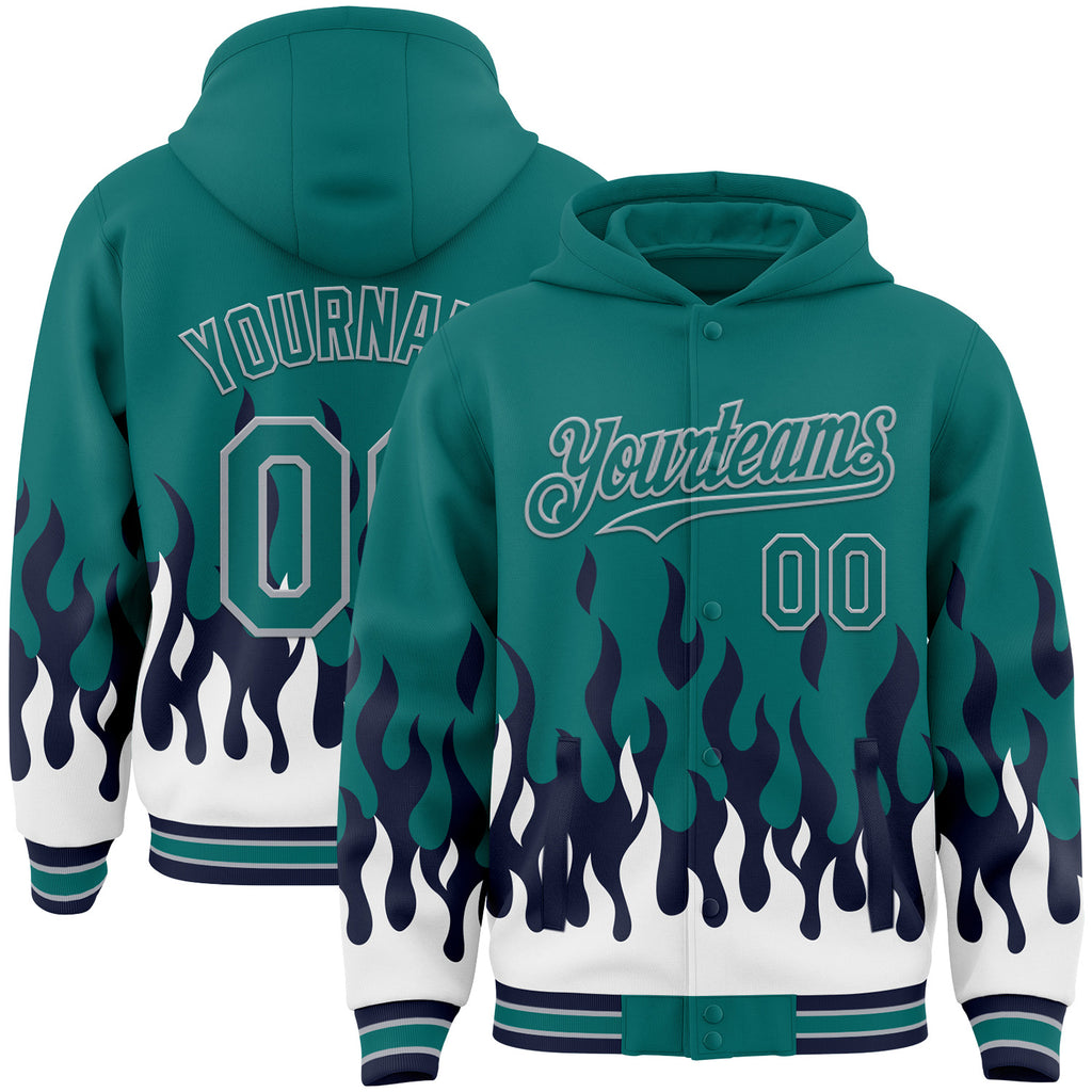 Custom Teal Navy White-Gray Fire Flame Bomber Full-Snap Varsity Letterman Hoodie Jacket