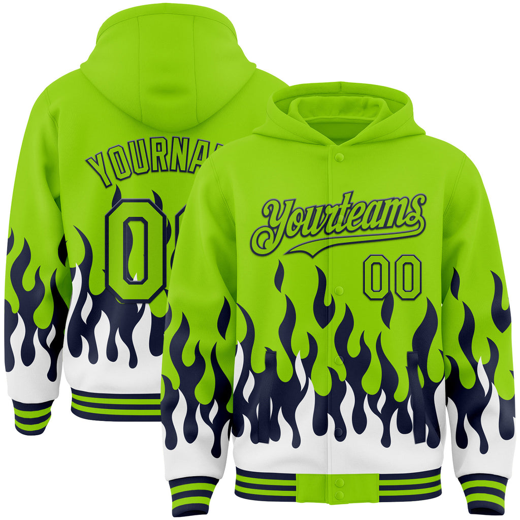 Custom Neon Green Navy-White Fire Flame Bomber Full-Snap Varsity Letterman Hoodie Jacket