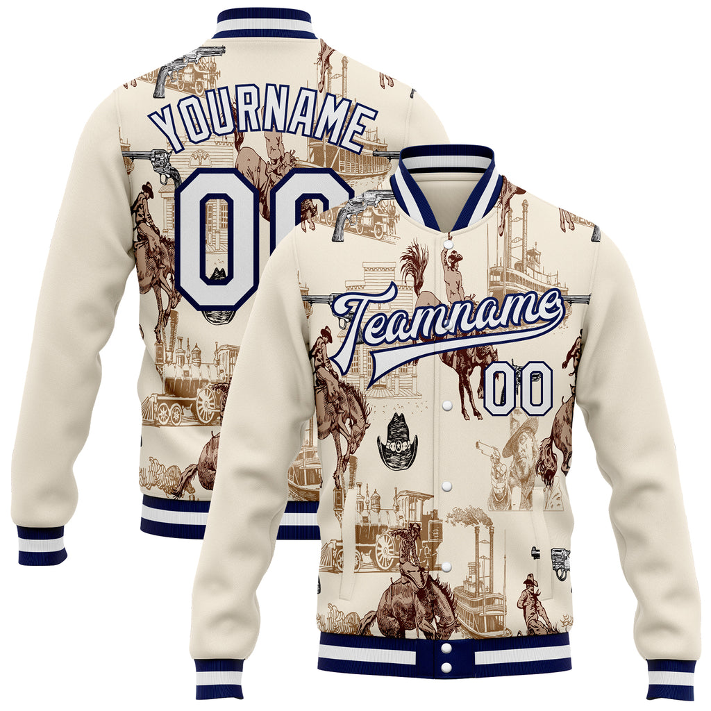 Custom Cream White-Navy Vintage Western Cowboy Bomber Full-Snap Varsity Letterman Jacket