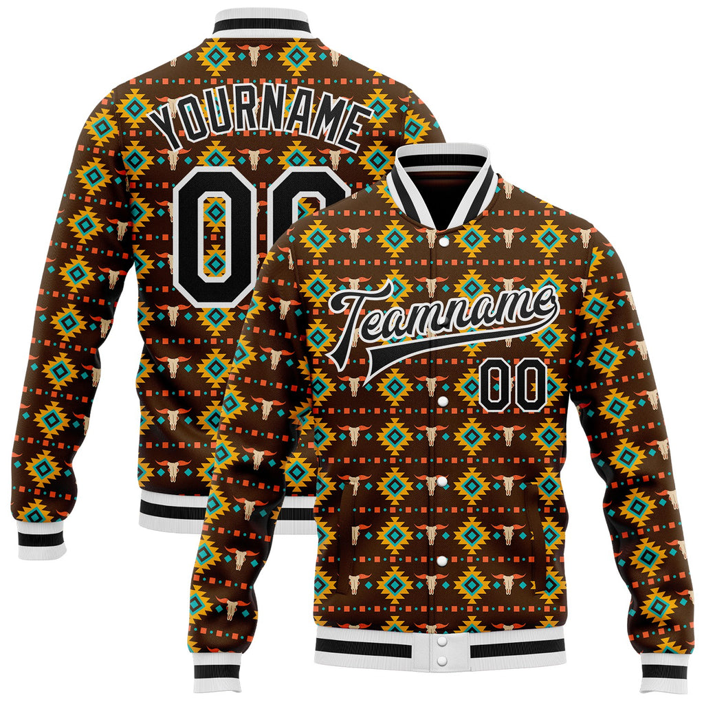 Custom Brown Black-White Western Cow Skull Aztec Bomber Full-Snap Varsity Letterman Jacket