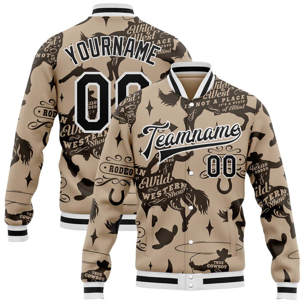 Custom Gray Black-White Vintage Wild Western Cowboy Bomber Full-Snap Varsity Letterman Jacket