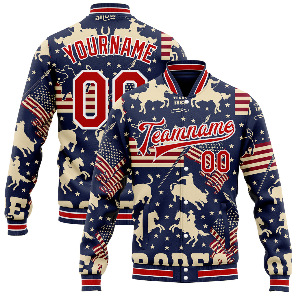 Custom Navy Red Cream-White Western Cowboy American Flag Bomber Full-Snap Varsity Letterman Jacket