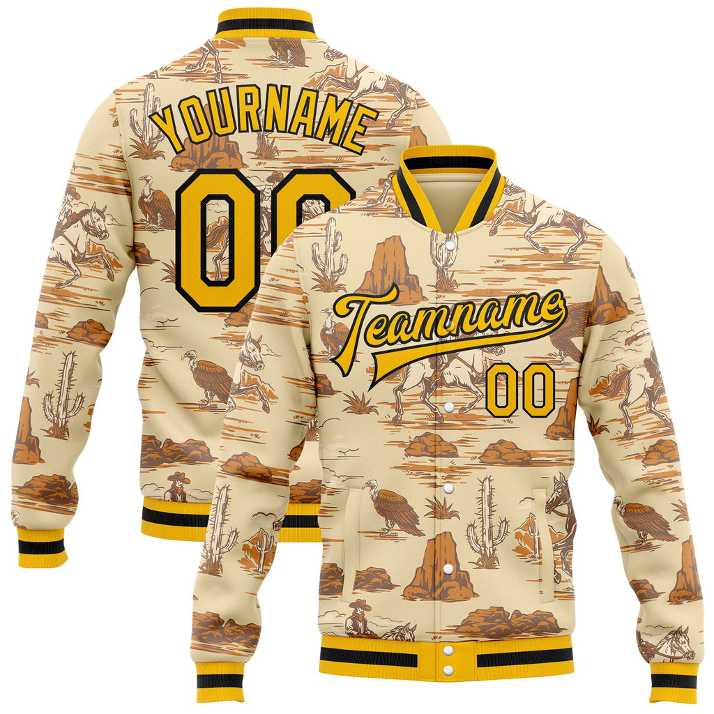 Custom City Cream Gold Black-White Wild Western Cowboy Cactus Bomber Full-Snap Varsity Letterman Jacket