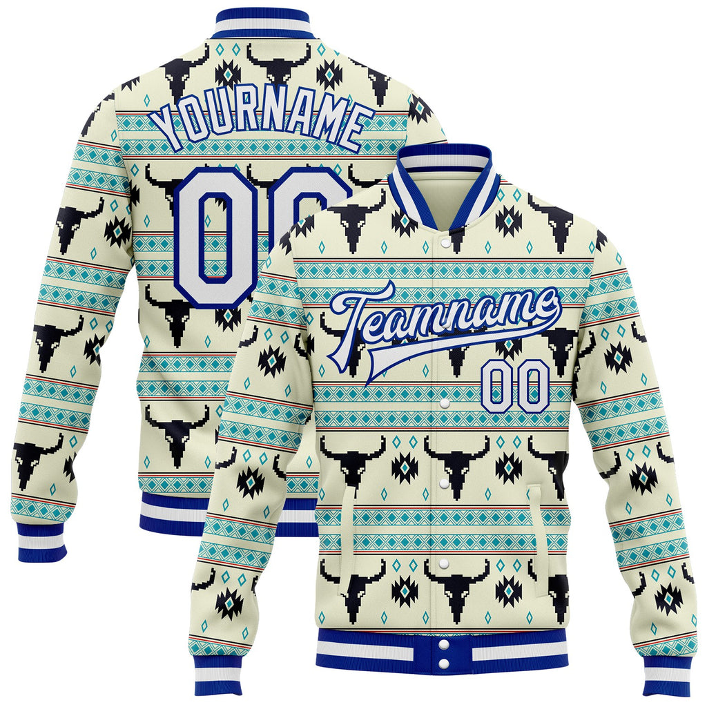 Custom Green White-Royal Western Cow Skull Aztec Bomber Full-Snap Varsity Letterman Jacket