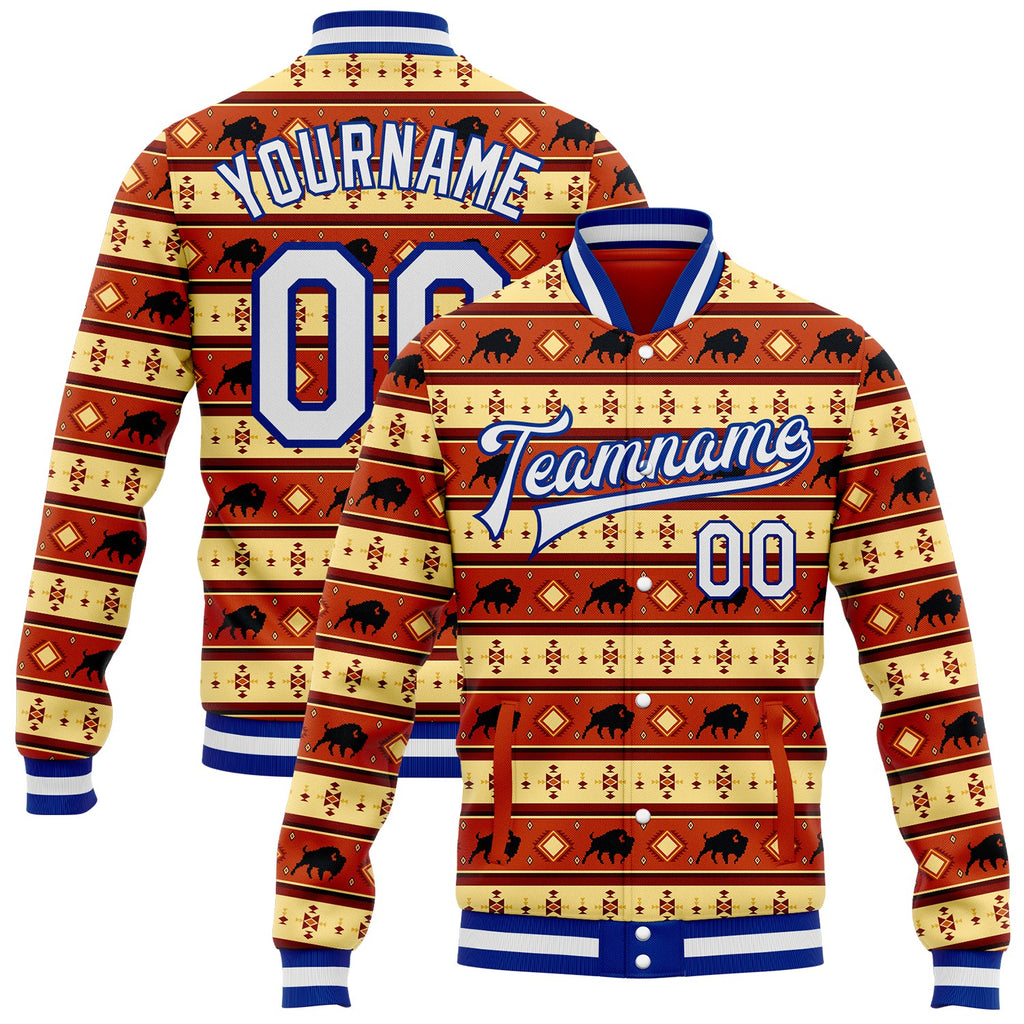 Custom Red White Yellow-Royal Western Cow Aztec Bomber Full-Snap Varsity Letterman Jacket