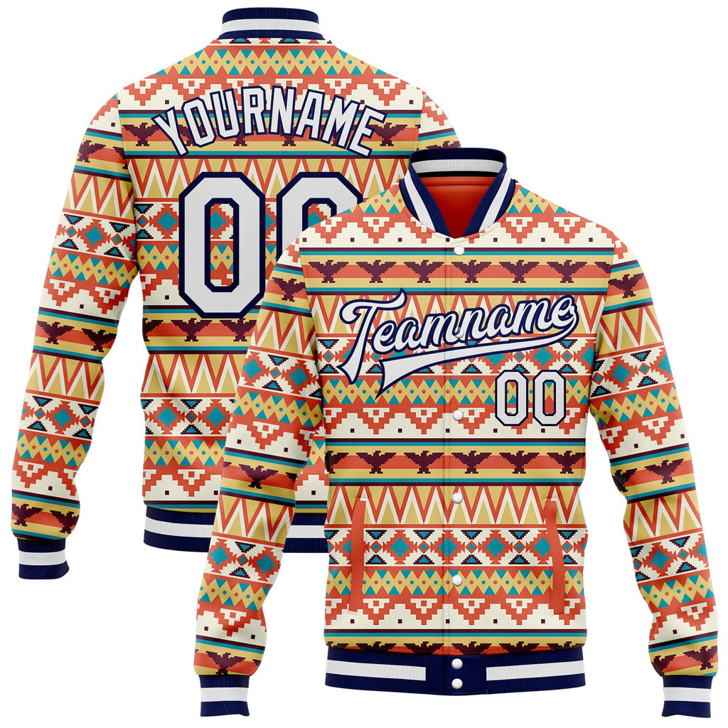 Custom Red White-Navy Southwestern Geometric Aztec Bomber Full-Snap Varsity Letterman Jacket