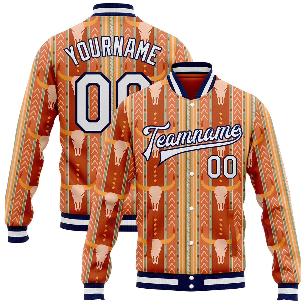 Custom Red White Yellow-Navy Western Cow Skull Bomber Full-Snap Varsity Letterman Jacket