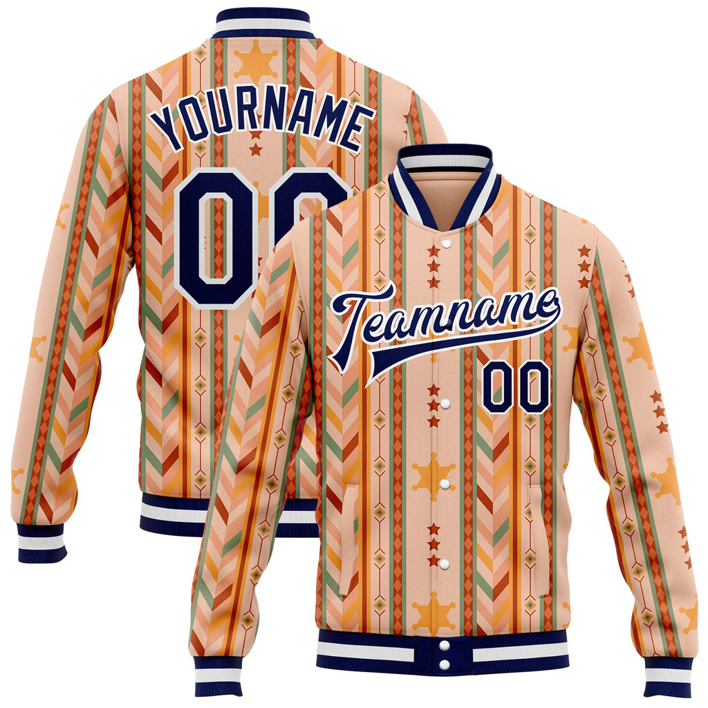 Custom Red Navy Yellow-White Southwestern Geometric Aztec Bomber Full-Snap Varsity Letterman Jacket