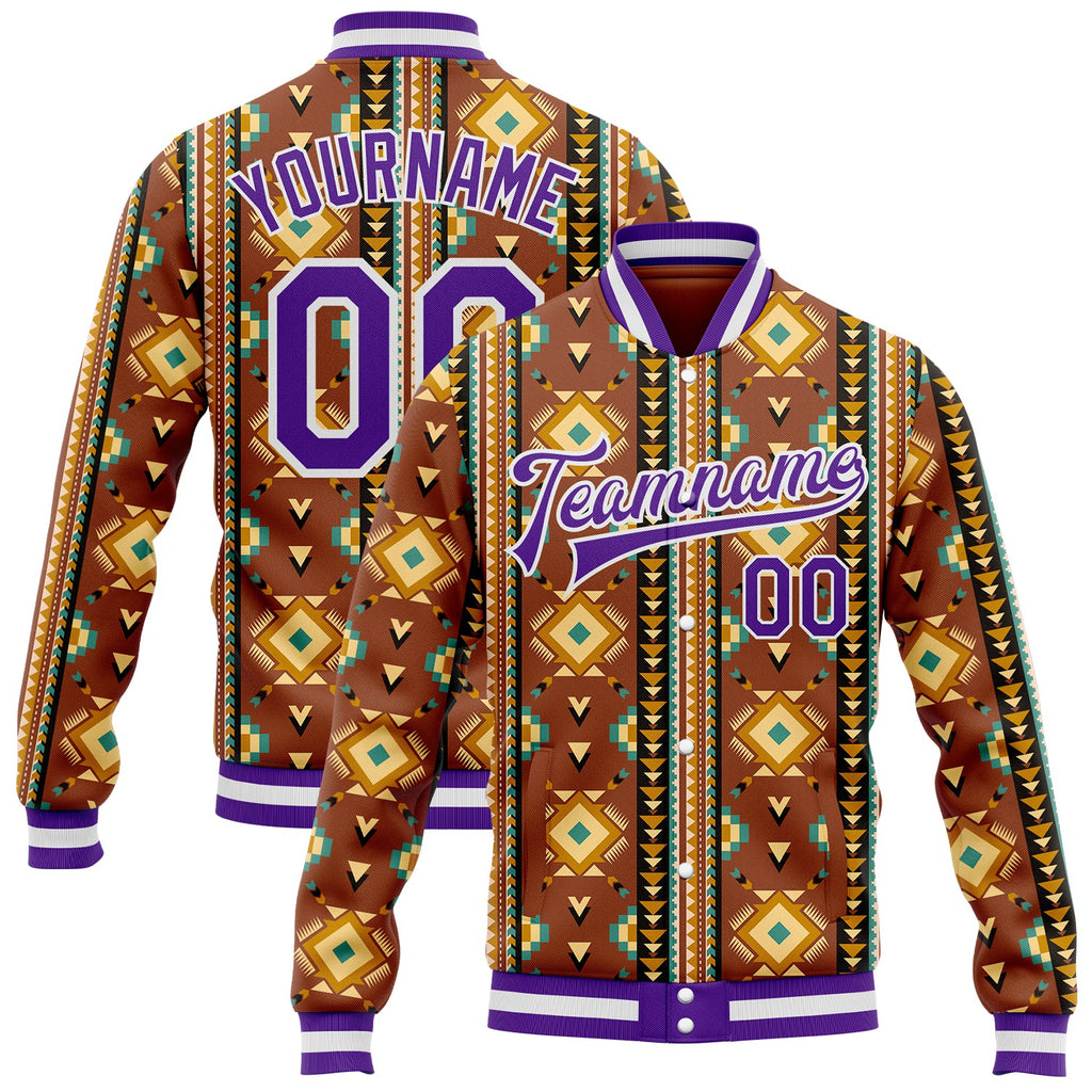 Custom Brown Purple-White Southwestern Geometric Aztec Bomber Full-Snap Varsity Letterman Jacket