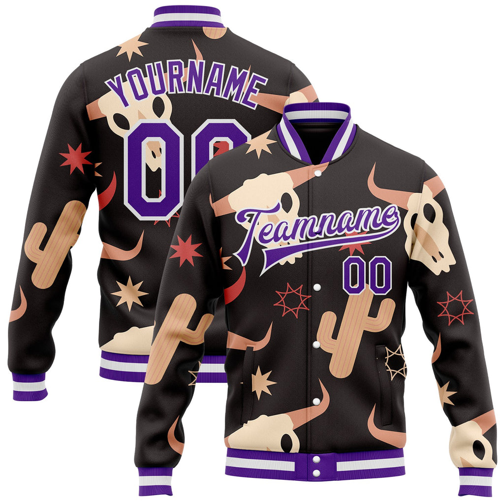 Custom Black Purple-White Western Cow Skull Cactus Bomber Full-Snap Varsity Letterman Jacket
