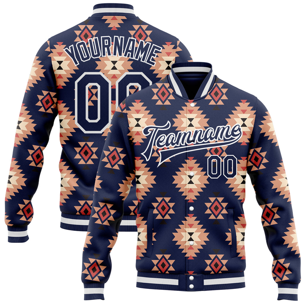 Custom Navy-White Southwestern Geometric Aztec Bomber Full-Snap Varsity Letterman Jacket