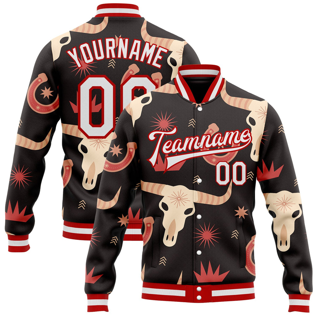Custom Black White-Red Western Cow Skull Horseshoe Bomber Full-Snap Varsity Letterman Jacket