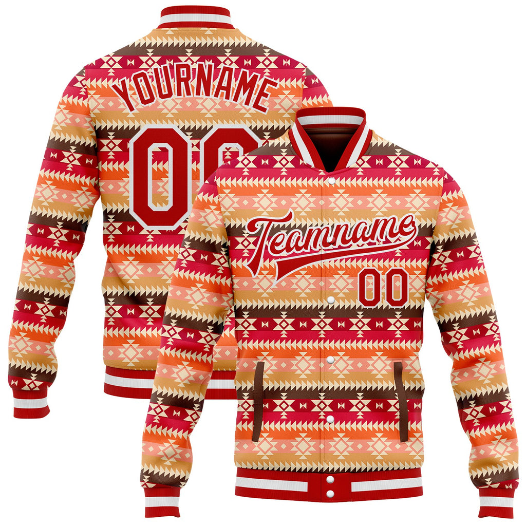 Custom Red-White Southwestern Geometric Aztec Bomber Full-Snap Varsity Letterman Jacket
