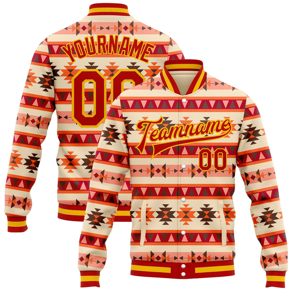 Custom Red Gold-White Southwestern Geometric Aztec Bomber Full-Snap Varsity Letterman Jacket