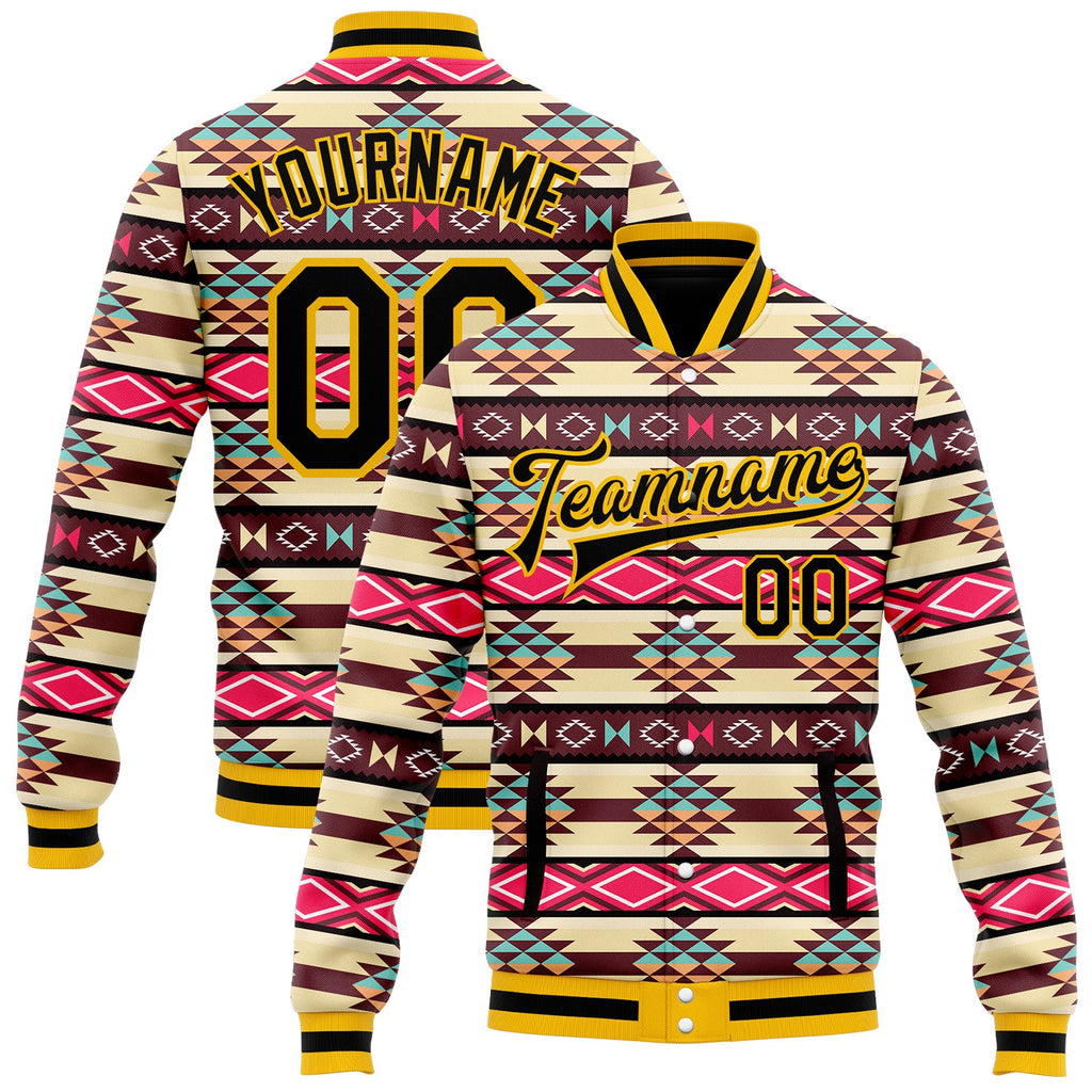 Custom Cream Black Gold-White Southwestern Geometric Aztec Bomber Full-Snap Varsity Letterman Jacket