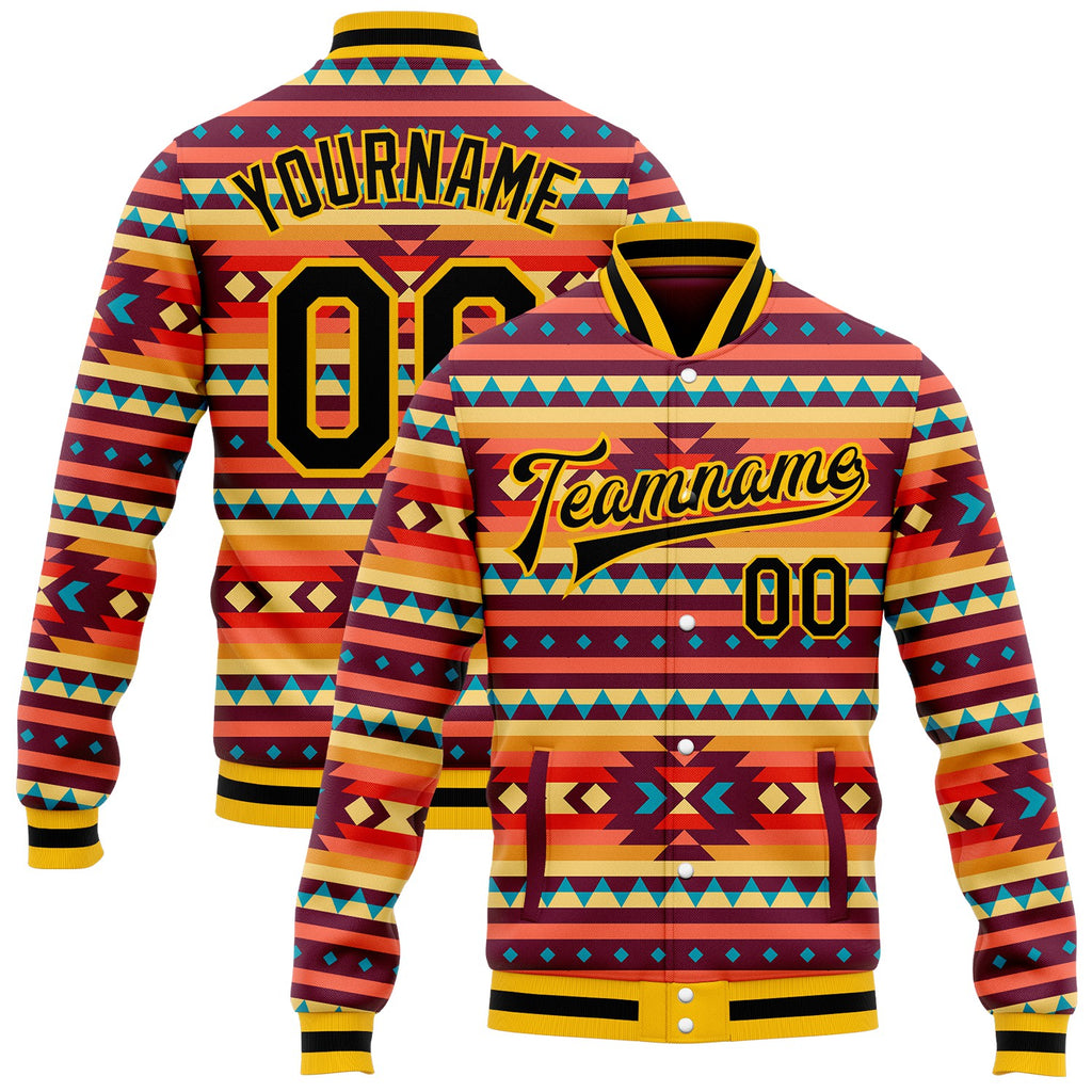 Custom Red Black Gold-White Southwestern Geometric Aztec Bomber Full-Snap Varsity Letterman Jacket