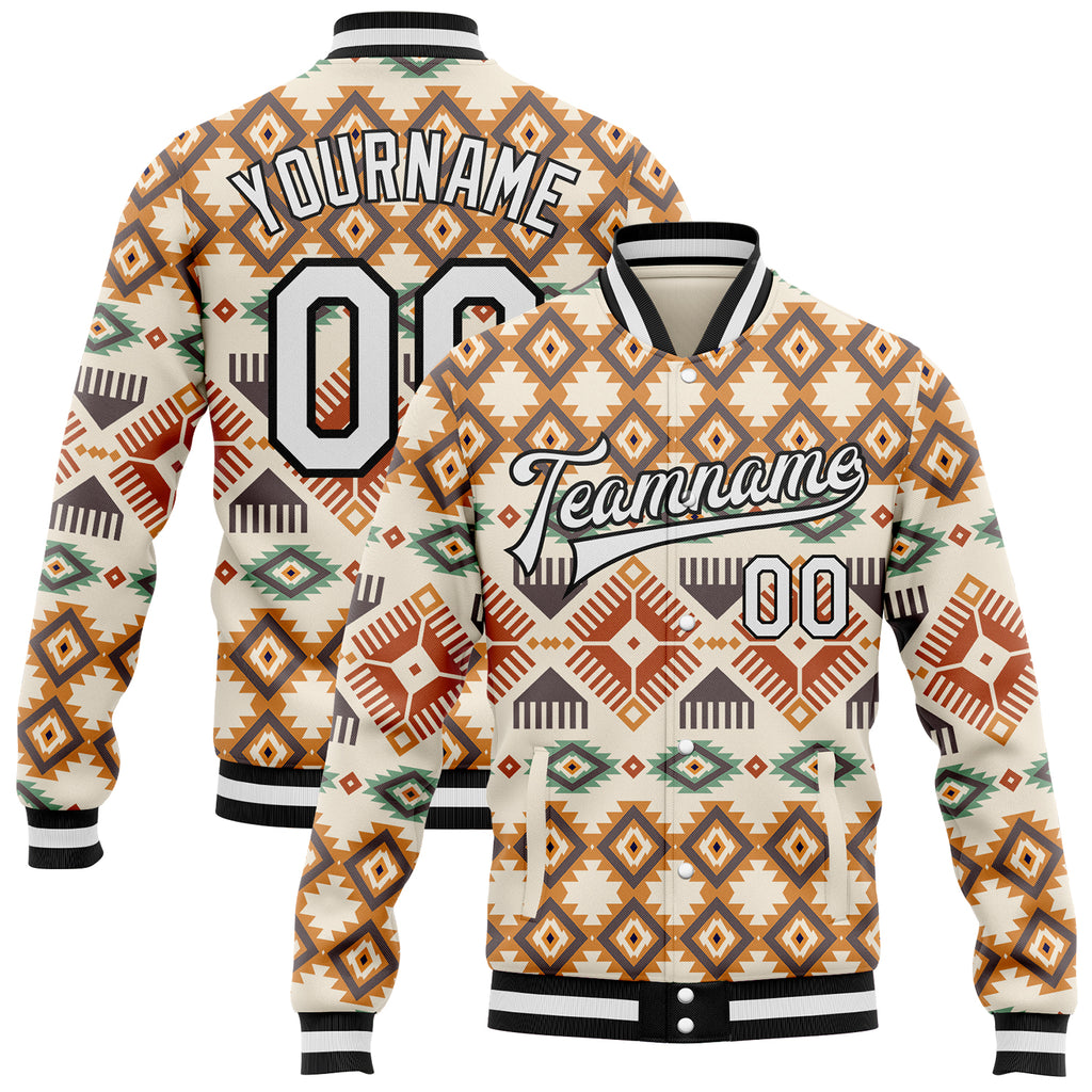 Custom Cream White-Black Southwestern Geometric Aztec Bomber Full-Snap Varsity Letterman Jacket
