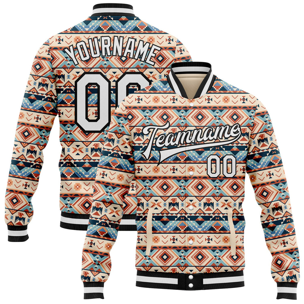 Custom Cream White-Black Southwestern Geometric Aztec Bomber Full-Snap Varsity Letterman Jacket