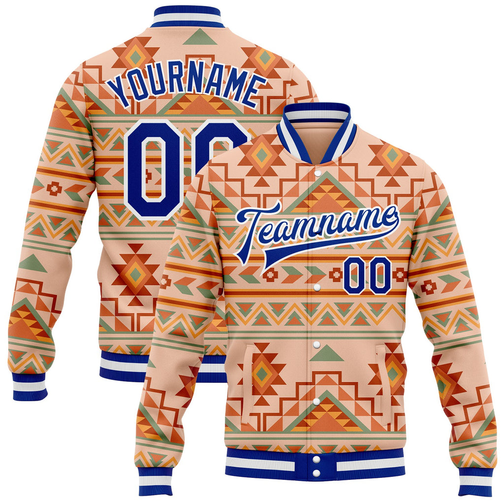 Custom Red Royal-White Southwestern Geometric Aztec Bomber Full-Snap Varsity Letterman Jacket