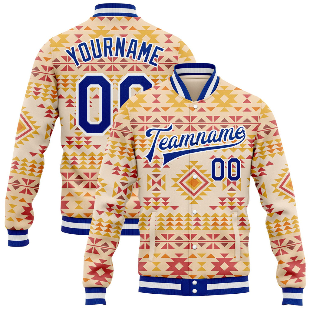 Custom Cream Royal-White Southwestern Geometric Aztec Bomber Full-Snap Varsity Letterman Jacket