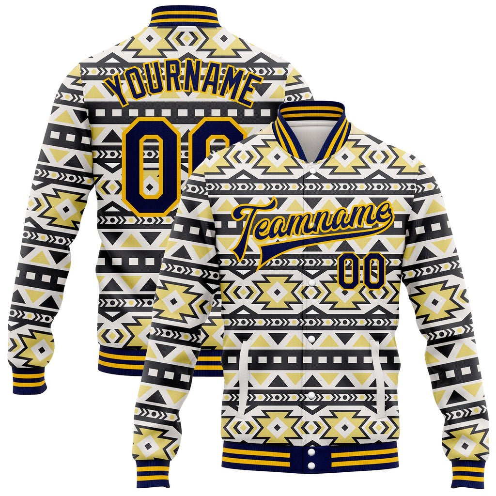 Custom White Navy-Gold Southwestern Geometric Aztec Bomber Full-Snap Varsity Letterman Jacket