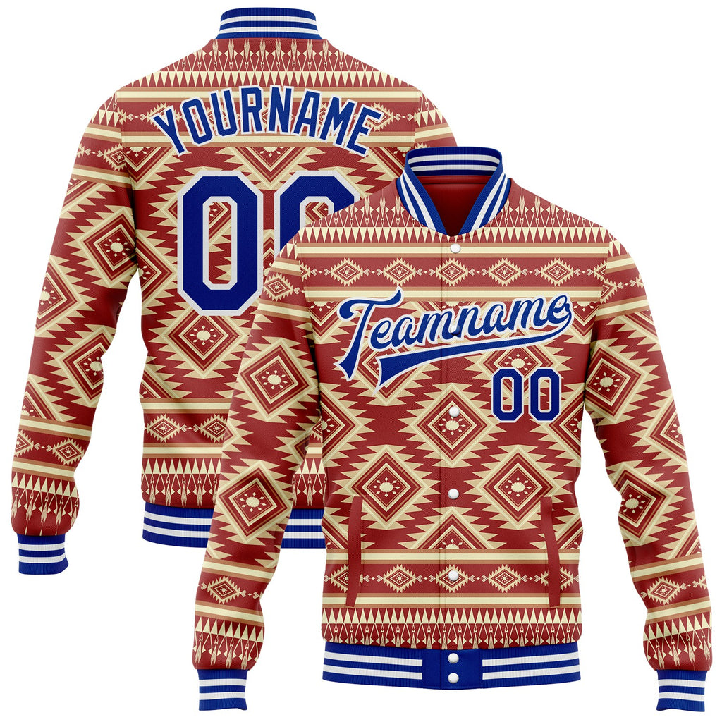Custom Red Royal-White Southwestern Geometric Aztec Bomber Full-Snap Varsity Letterman Jacket