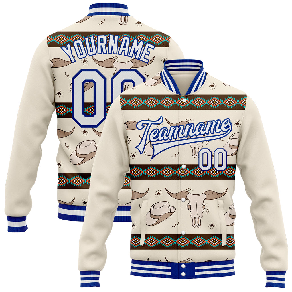 Custom Cream White-Royal Southwestern Geometric Cow Skull Aztec Bomber Full-Snap Varsity Letterman Jacket