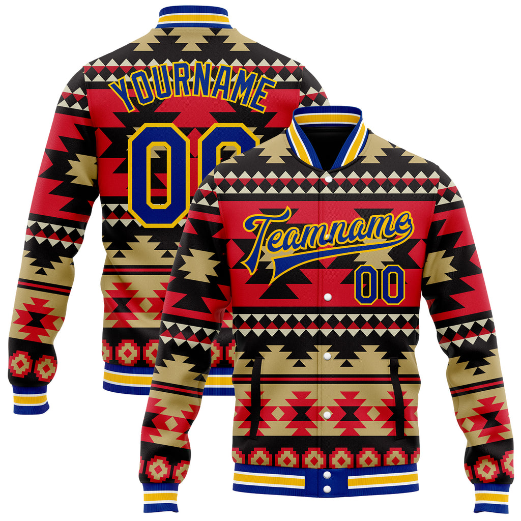 Custom Red Royal Yellow-White Southwestern Geometric Aztec Bomber Full-Snap Varsity Letterman Jacket