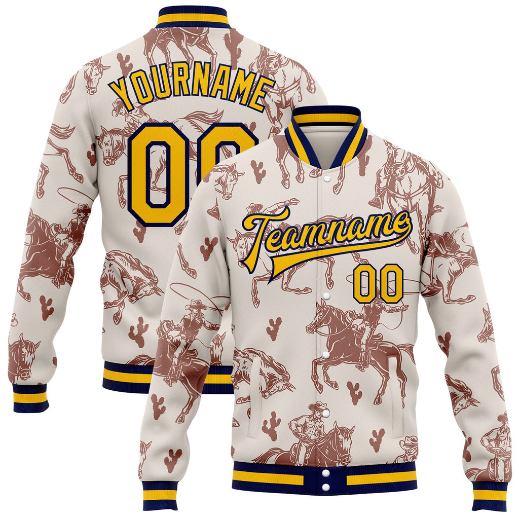 Custom White Gold-Navy Western Cowboy Bomber Full-Snap Varsity Letterman Jacket