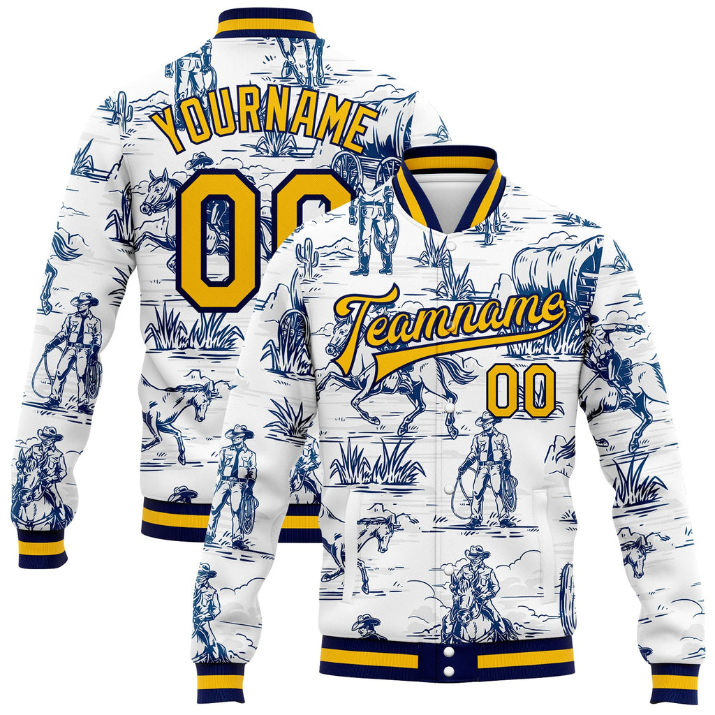 Custom White Gold-Navy Wild Western Cowboy Bomber Full-Snap Varsity Letterman Jacket