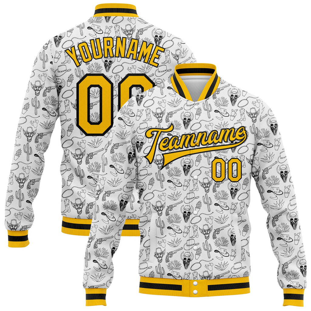 Custom White Gold-Black Western Cowboy Cactus Bomber Full-Snap Varsity Letterman Jacket