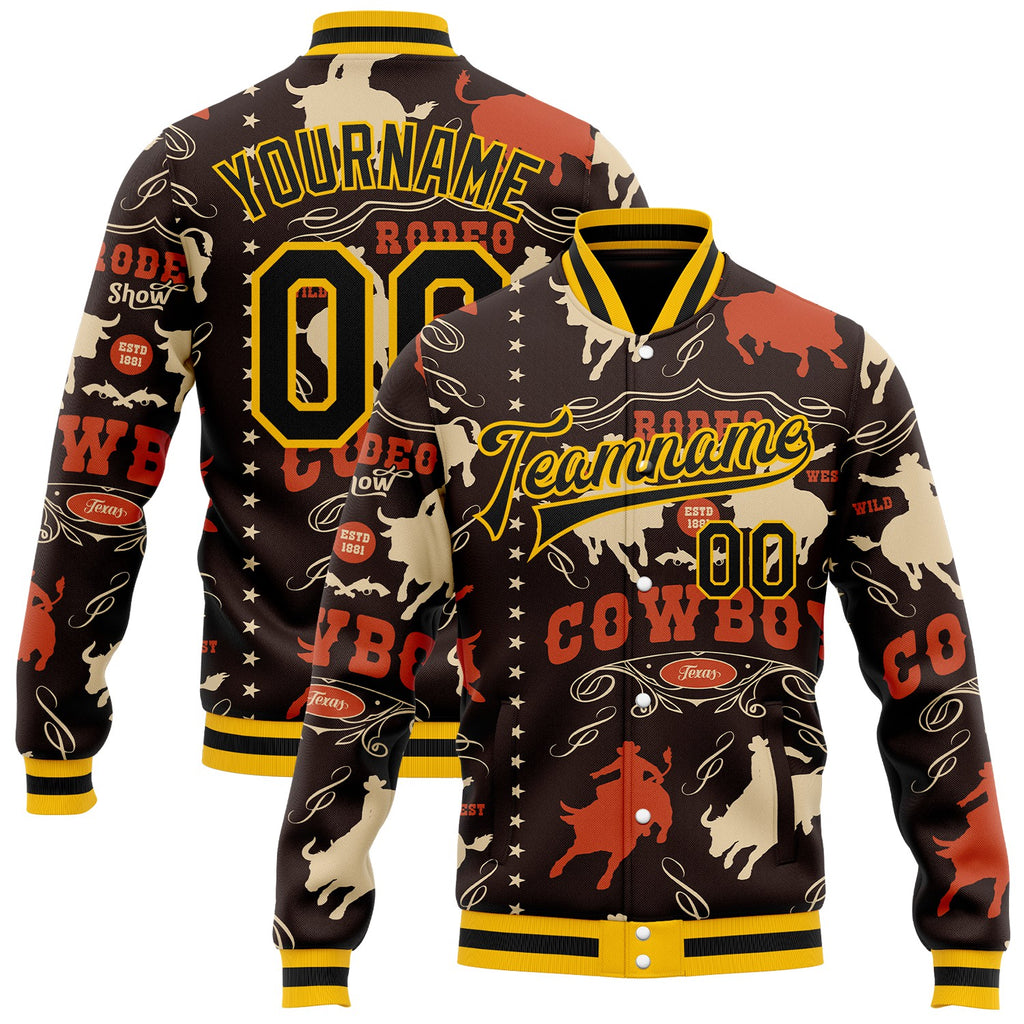 Custom Brown Black Gold-White Vintage Western Cowboy Bomber Full-Snap Varsity Letterman Jacket