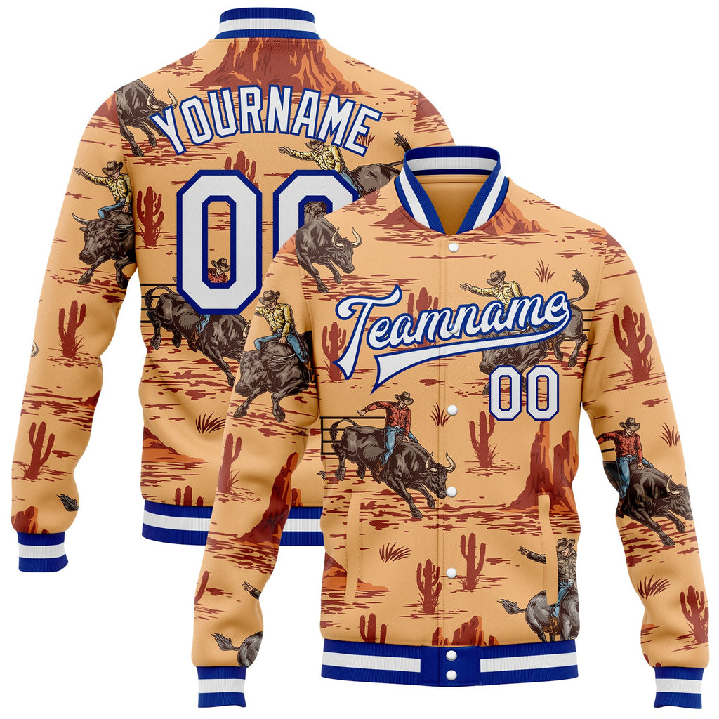 Custom Orange White-Royal Wild Western Cowboy Cactus Bomber Full-Snap Varsity Letterman Jacket