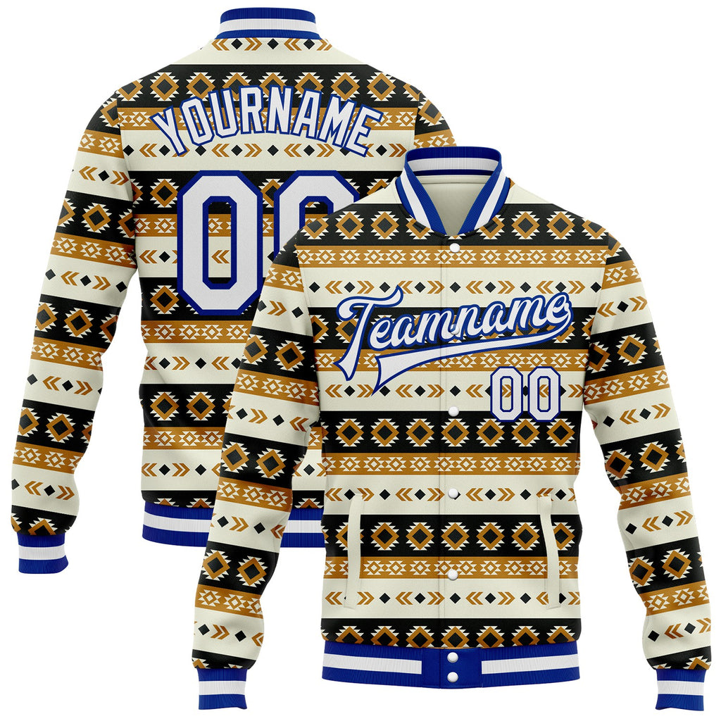 Custom Cream White-Royal Southwestern Geometric Aztec Bomber Full-Snap Varsity Letterman Jacket