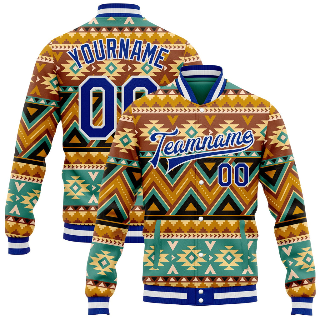 Custom Green Royal-White Southwestern Geometric Aztec Bomber Full-Snap Varsity Letterman Jacket