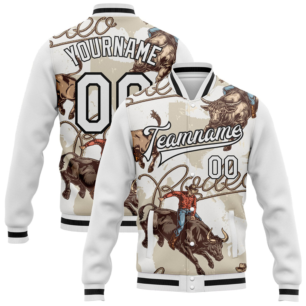 Custom White-Black Vintage Western Cowboy Bomber Full-Snap Varsity Letterman Jacket