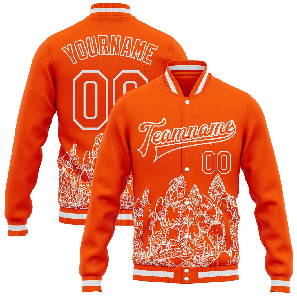 Custom Orange-White Texas State Flower Bluebonnet Bomber Full-Snap Varsity Letterman Jacket