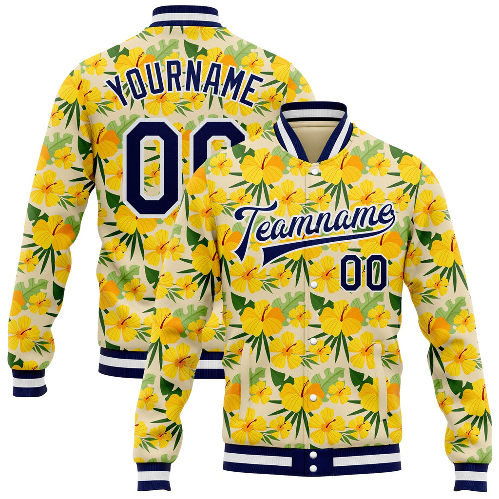 Custom Cream Navy Yellow-White Hawaii State Flower Yellow Hibiscus Bomber Full-Snap Varsity Letterman Jacket
