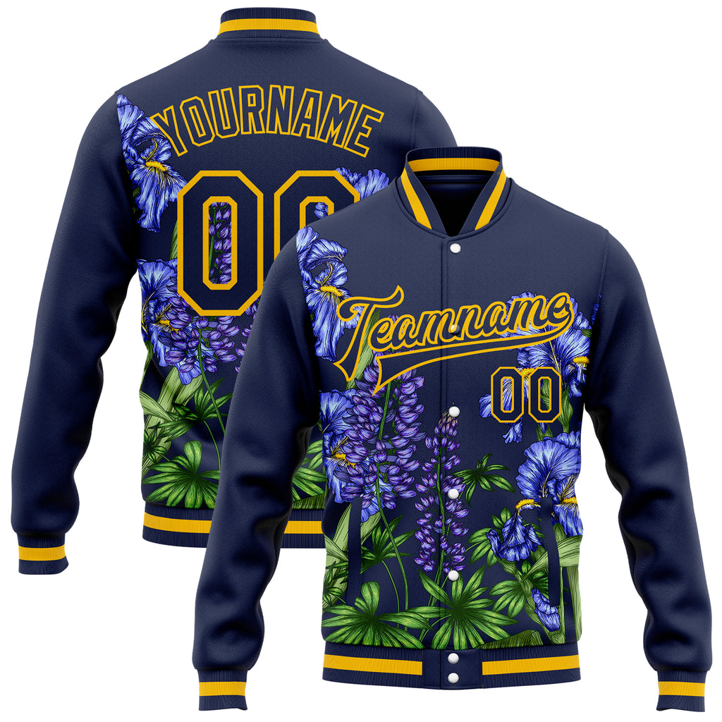 Custom Navy Gold-White Texas State Flower Bluebonnet Bomber Full-Snap Varsity Letterman Jacket