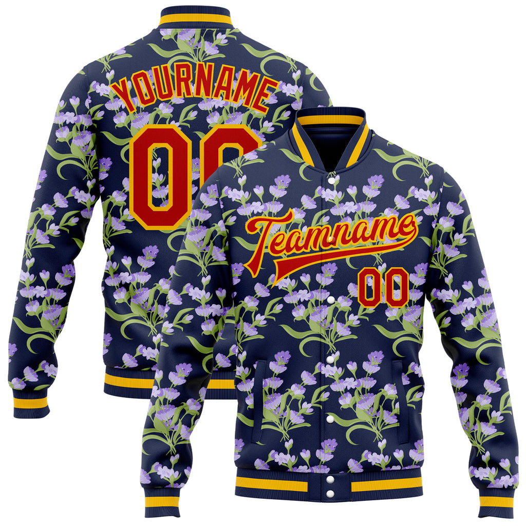 Custom Navy Red Gold-White Floral Bomber Full-Snap Varsity Letterman Jacket
