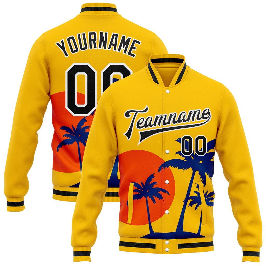 Custom Gold Black-White Hawaii Palm Trees Sunset Bomber Full-Snap Varsity Letterman Jacket