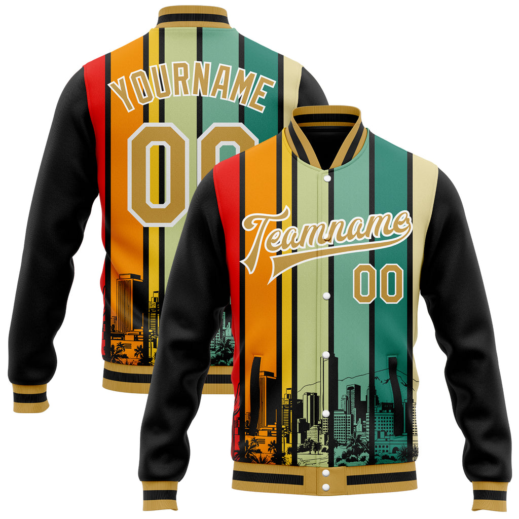 Custom Black Old Gold-White Arizona City Silhouette Bomber Full-Snap Varsity Letterman Jacket