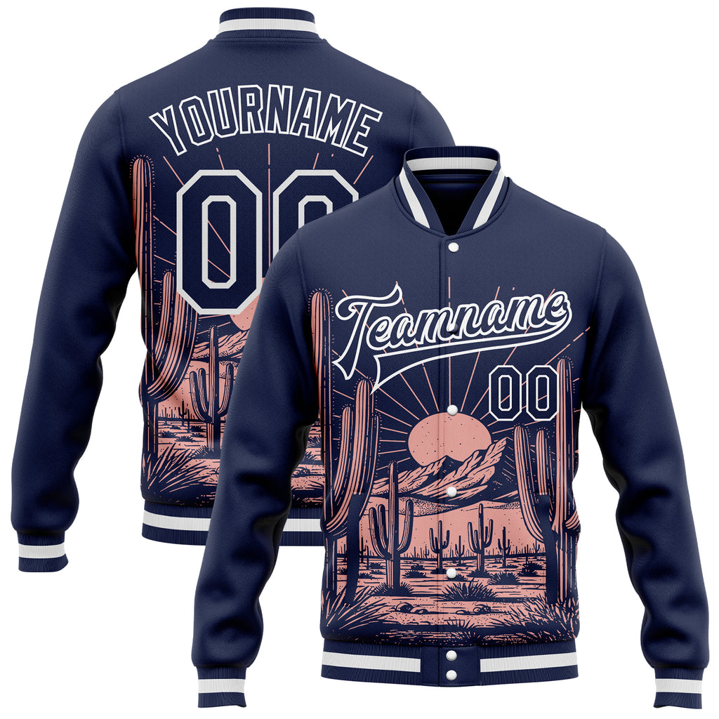 Custom Navy-White Arizona Western Cactus Bomber Full-Snap Varsity Letterman Jacket