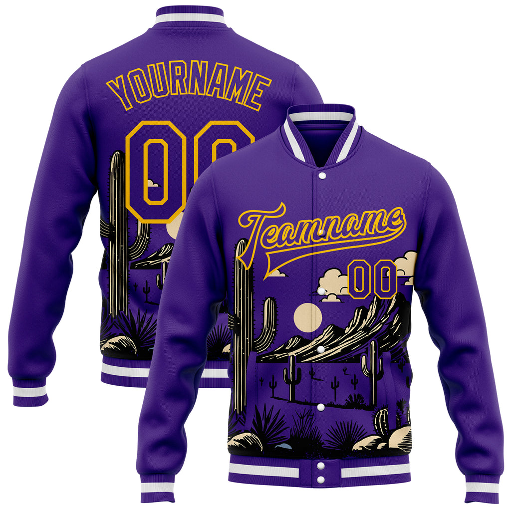 Custom Purple Gold-White Arizona Western Cactus Bomber Full-Snap Varsity Letterman Jacket
