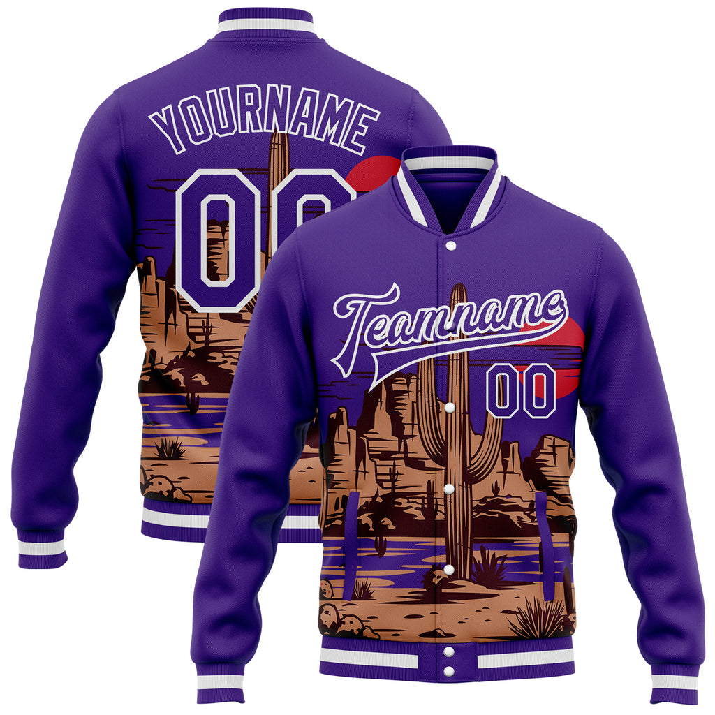 Custom Purple-White Arizona Western Cactus Bomber Full-Snap Varsity Letterman Jacket