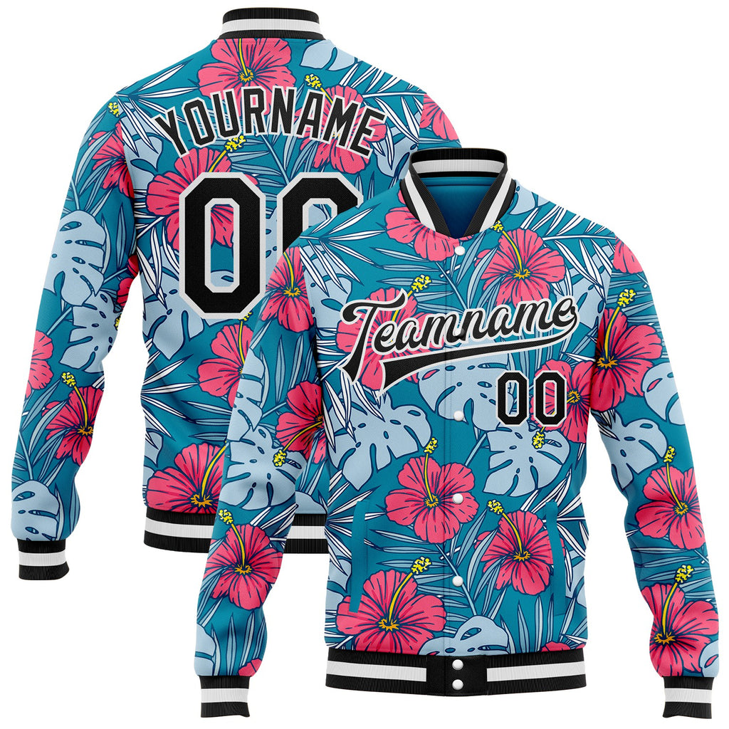 Custom Blue Black-White Hawaii Hibiscus Tropical Leaves Bomber Full-Snap Varsity Letterman Jacket