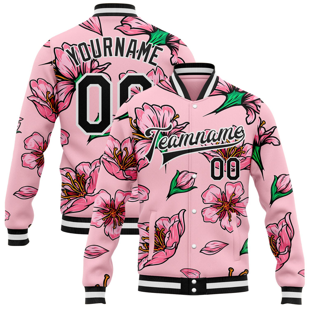 Custom Pink Black-White Hawaiian Floral Bomber Full-Snap Varsity Letterman Jacket