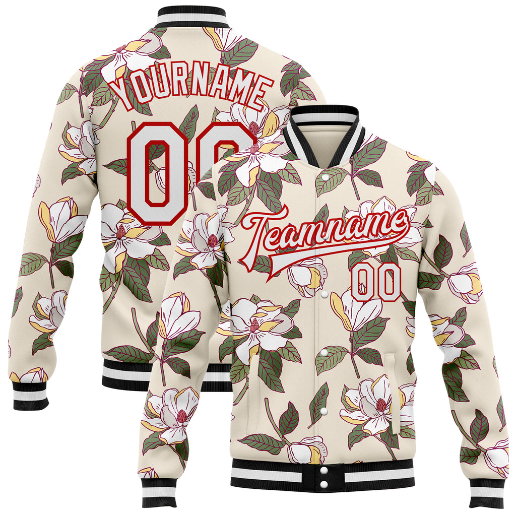 Custom Cream White-Red Louisiana State Flower Magnolia Bomber Full-Snap Varsity Letterman Jacket